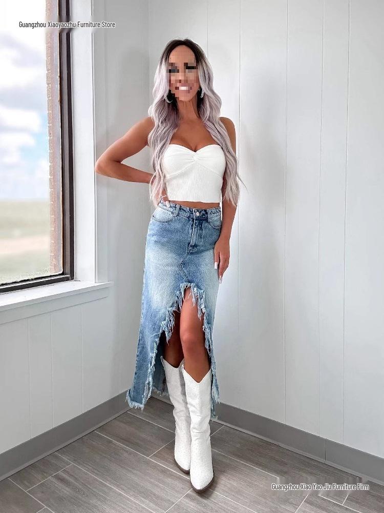 High-Waisted Irregular Frayed Denim Midi Skirt - Women's Vintage Washed Skirt