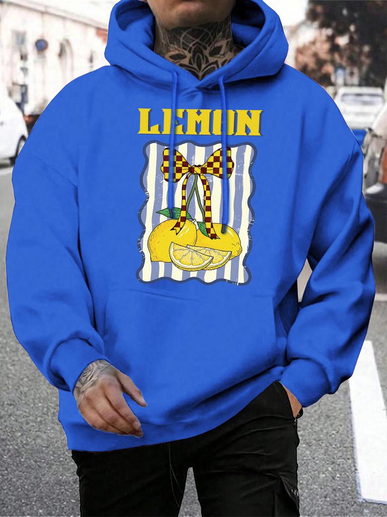 Creative Lemon Fruit Bow Print Men Hoodies Multicolor Pocket Hoodie Fleece Autumn Male Clothing Casual All-Match Streetwear