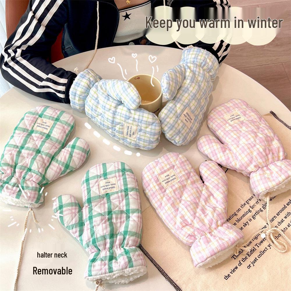 Korean Cute Winter Gloves & Neck Warmer: Thick Velvet for Women & Men, Ideal for Cycling & Riding, Perfect for Students' Cold Protection