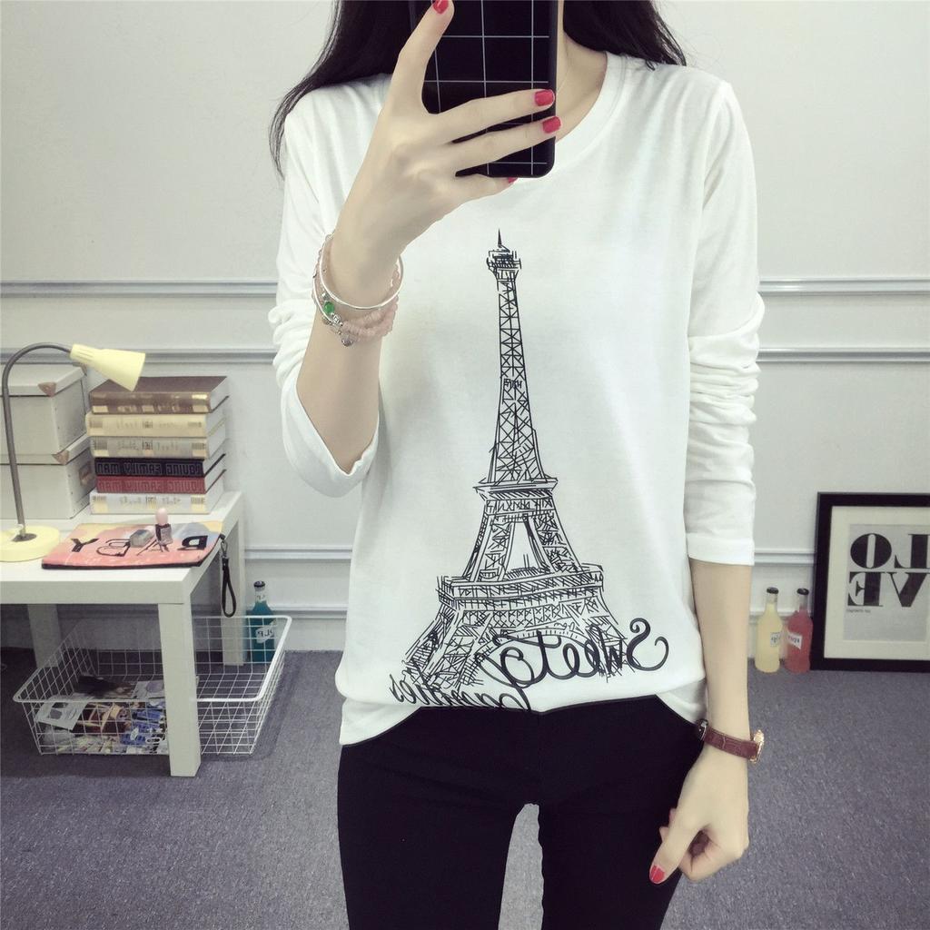 Weißes bedrucktes Langarm-T-Shirt Damen Frühling und Herbst Neuer Stil Innen Rundhals Basisshirt Locker Schlankes Design Oberteil