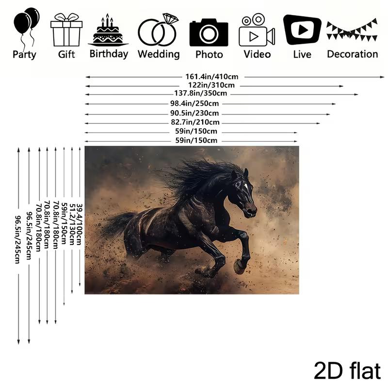 2D Dynamic Black Running Horse Art Style Photography Backdrop