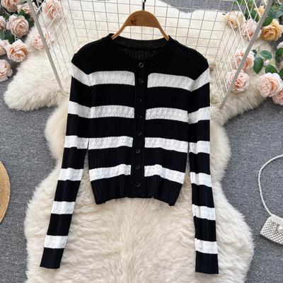 Autumn And Winter Korean Version Of The Collision Color Stripes Hollow Knitted Cardigan Plus Half-Body Skirt Two-Piece Set