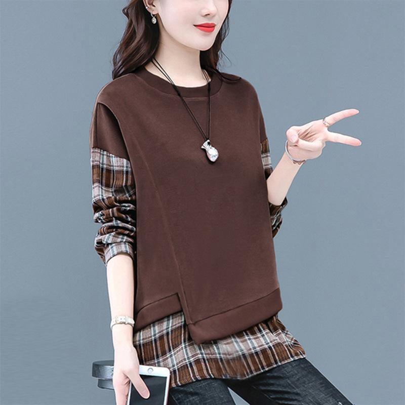Fake Two-piece Pullover Sweatshirt Women In Spring Autumn New Korean Style Plaid Casual Loose Base Shirt