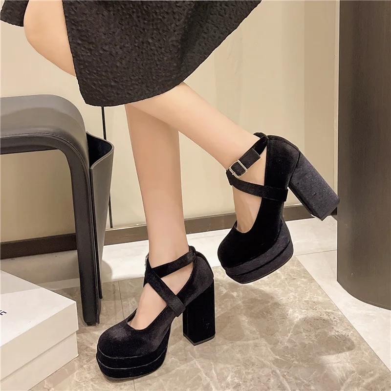 Hot Selling Mary Janes Shoes Women Suede Luxury High Heel Lace Up Trend Lolita Shoes Elegant Chunky Party Pumps Zapatos De Mujer