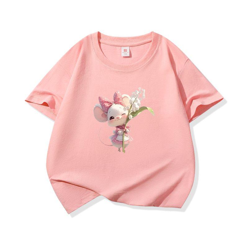 Kids Cotton T Shirt Sweet Mouse With Lily Flower Print Crew Neck Short Sleeve Tee Casual Boys Girls Summer Tops