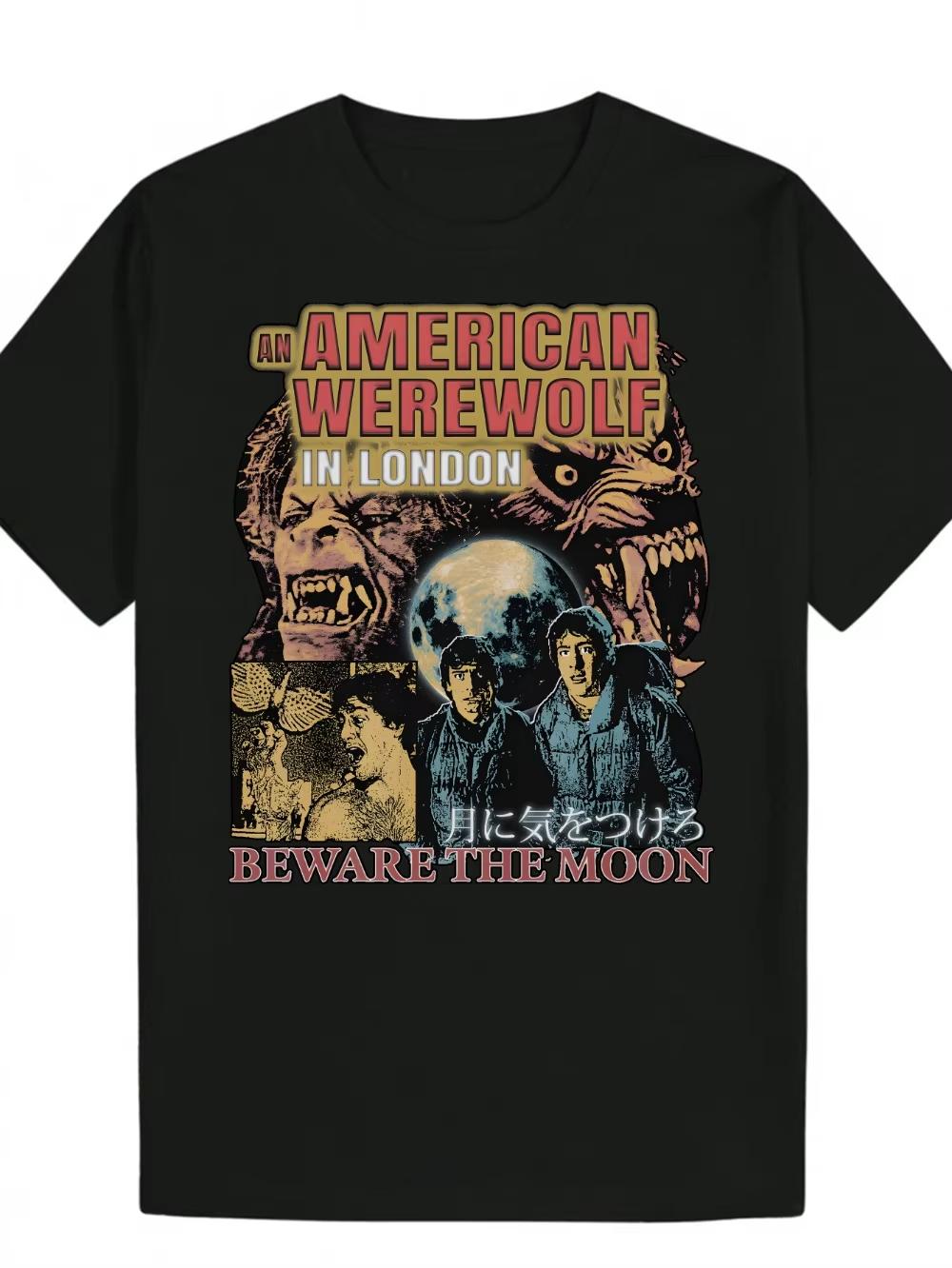 Summer 2026 New London Werewolf and Full Moon Horror Theme High Quality Fashion Comfortable Men Printed Round Neck Tshirt S