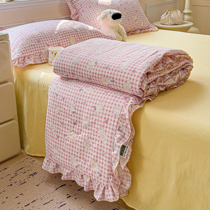 Korean Quilt with Lace and Ruffle Pure Cotton Patchwork Comforter for Summer Skin-Friendly Breathable Cooling Blanket for Home