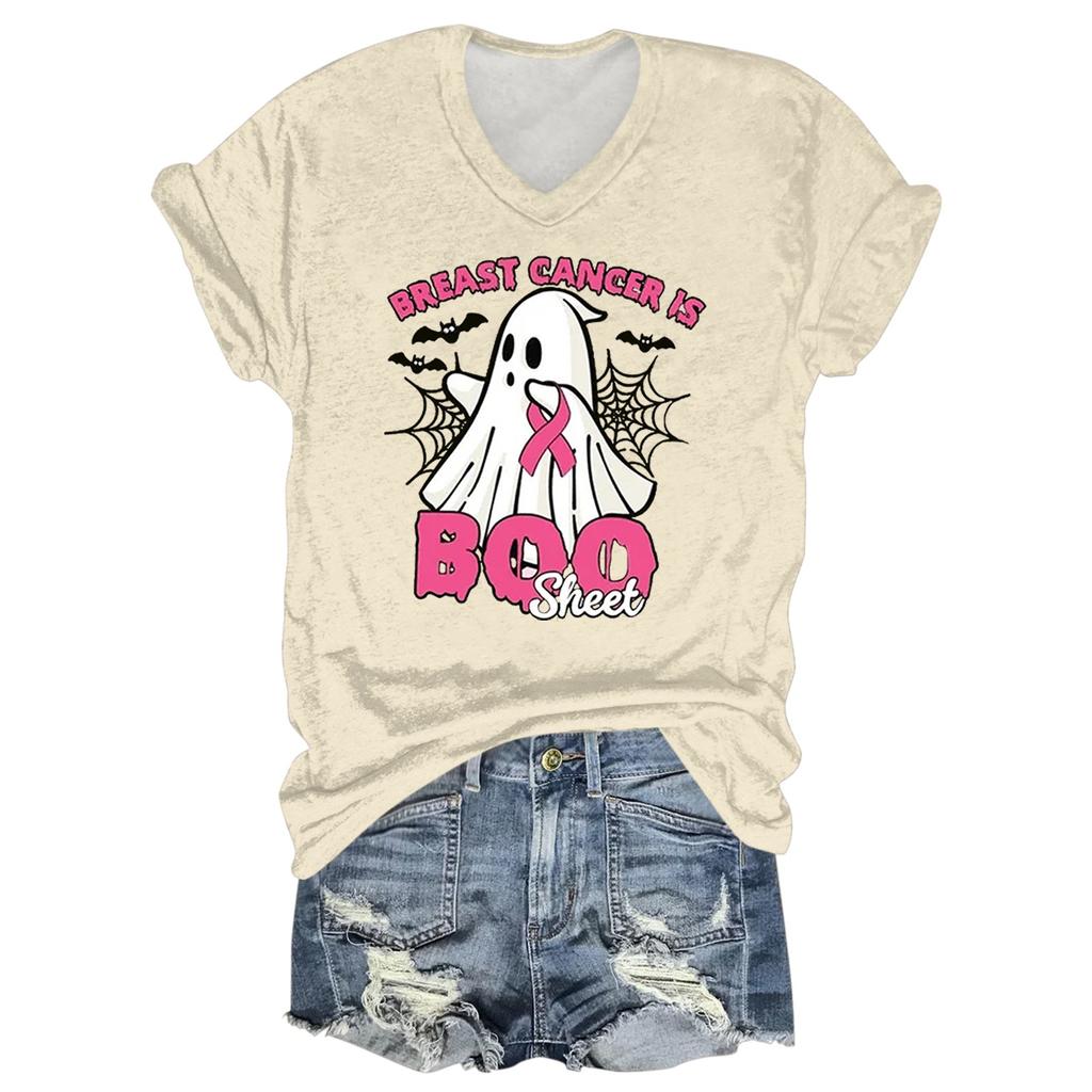 Ladies' Casual Halloween Printed V-Neck Short Sleeved T-Shirt