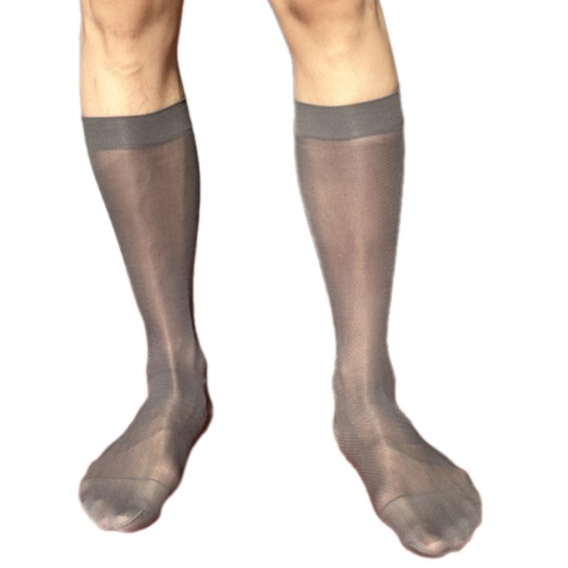 Men's Middle Calf Business Socks with Twill Pattern See Through Thin Nylon Dress Socks Stockings for Formal Occasion
