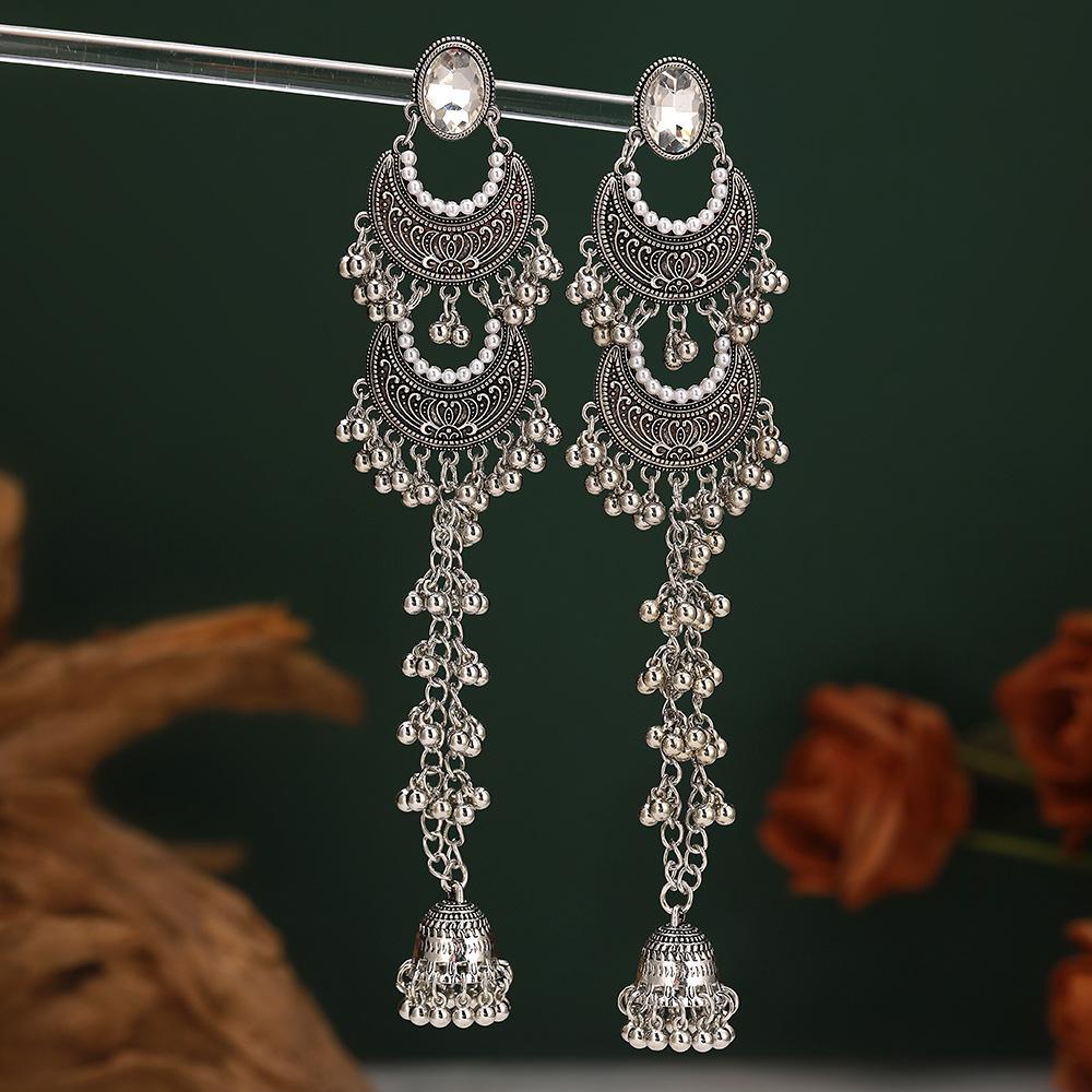Vintage Bohemian Ethnic Style Bell Beaded Drop Long Tassel Dangle Earrings for Women