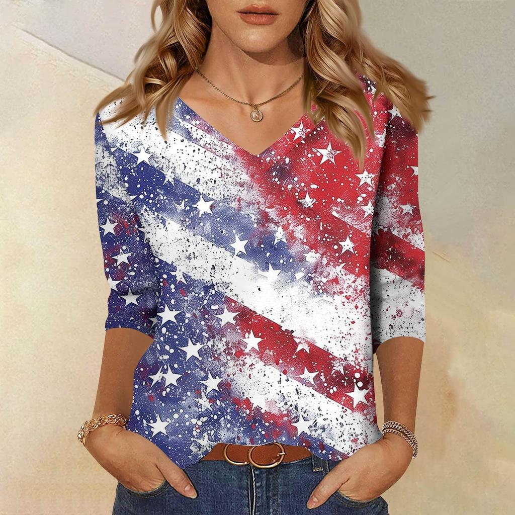 Women's Tops Three-quarter Sleeve Shirt V-neck Loose Casual Shirt Print T-shirt