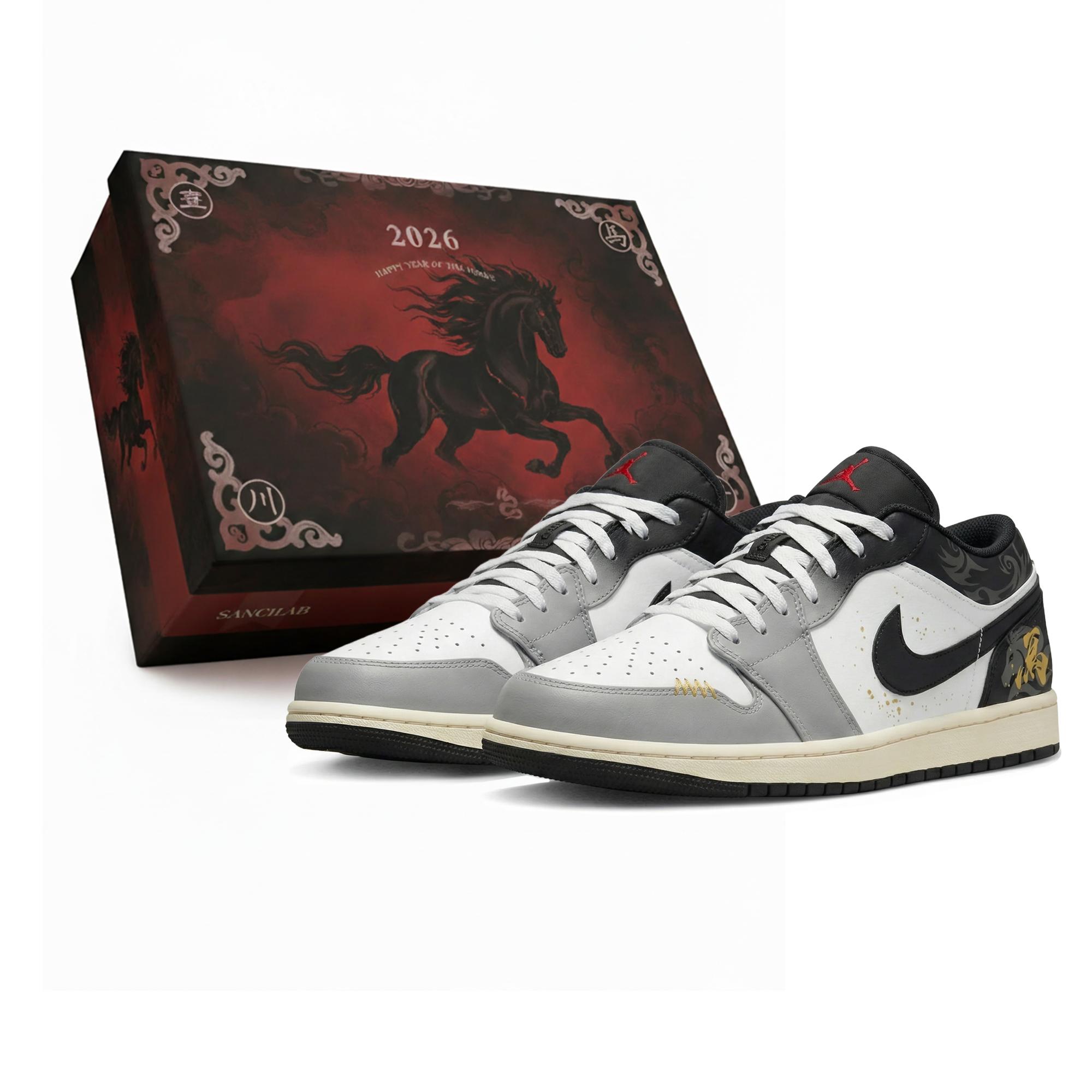 

Jordan Air Jordan 1 Low CNY Horse Year, Three Times Laboratory, Silver Horse Gilded, Box Abrasion Resistant 553558-040(Team-S-BOX) 45
