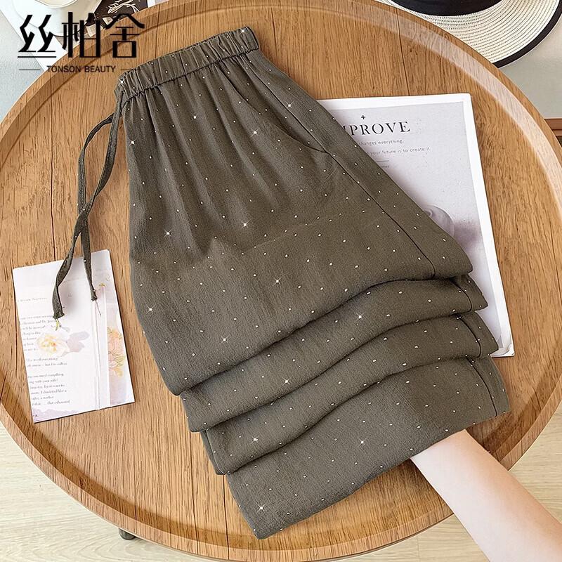 Women s Elastic Waist Rhinestone Wide-Leg Pants M