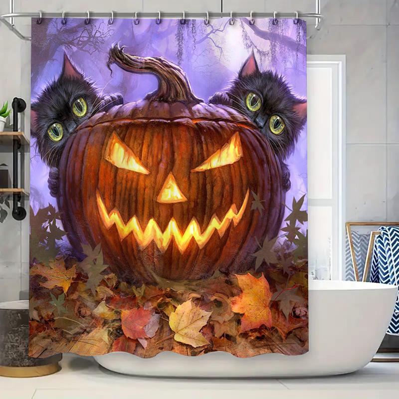 Halloween Pumpkin Cat-themed Shower Curtain Made of Polyester Fabric with Waterproof Printing for Home Bathroom Decor Accessorie