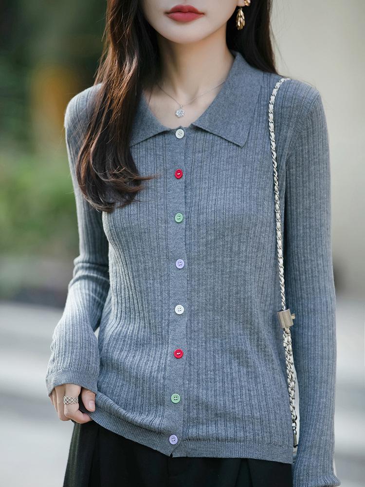 Stylish Women's Polo Collar Knitted Cardigan with Colorful Buttons - Korean Style, Age-Reducing Design.