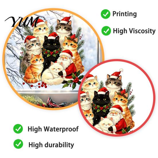 Winter Holiday Window Art Cat Christmas Static Cling Decal, Waterproof PVC Festive Sticker, Party Decorations Easy Apply Decorative for Home