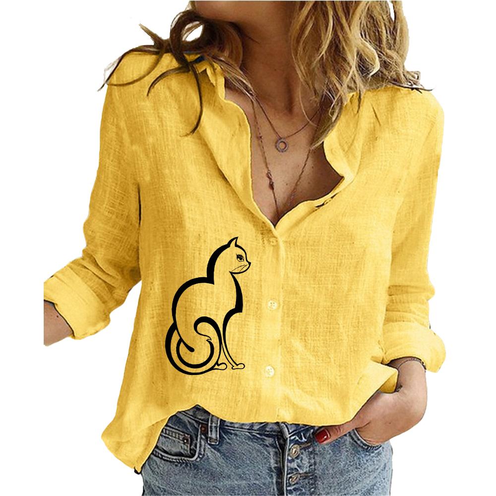 

Женская модная хлопково-льняная рубашка с принтом кота, женский топ с воротником с лацканами на пуговицах, весна-лето-осень, повседневные свободные блузки с длинными рукавами 5XL жёлтый