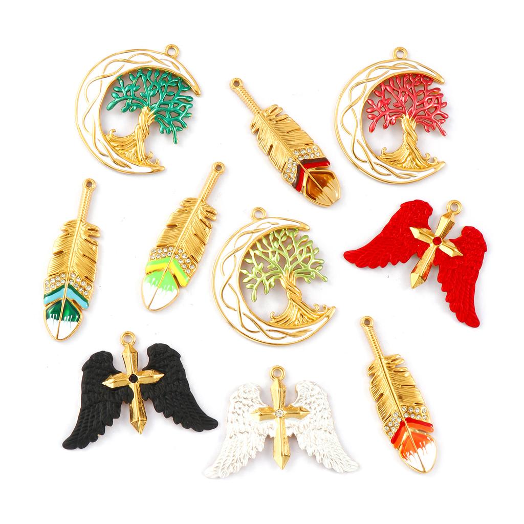 1Piece 304 Stainless Steel Pendants 18K Gold Plated Enamel Tree Of Life Moon Feather Winged Cross Charms For DIY Necklace Making