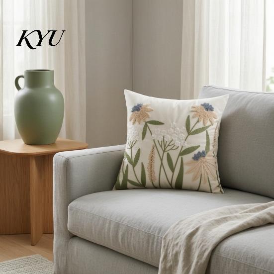 Washable Living Room Cushion Covers Floral Embroidered Cover, Decorative Throw Pillow Square Shams Farmhouse Cover for Sofa Couch Elegant Summer