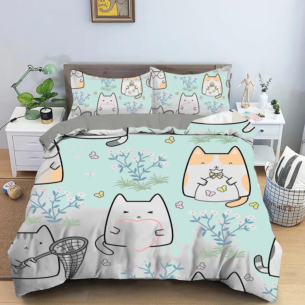 Cartoon Cat Duvet Cover Kawaii Black Kitty For Kids Teens Women Girls Pet Animals Polyester Quilt Cover For Bedroom Decoration