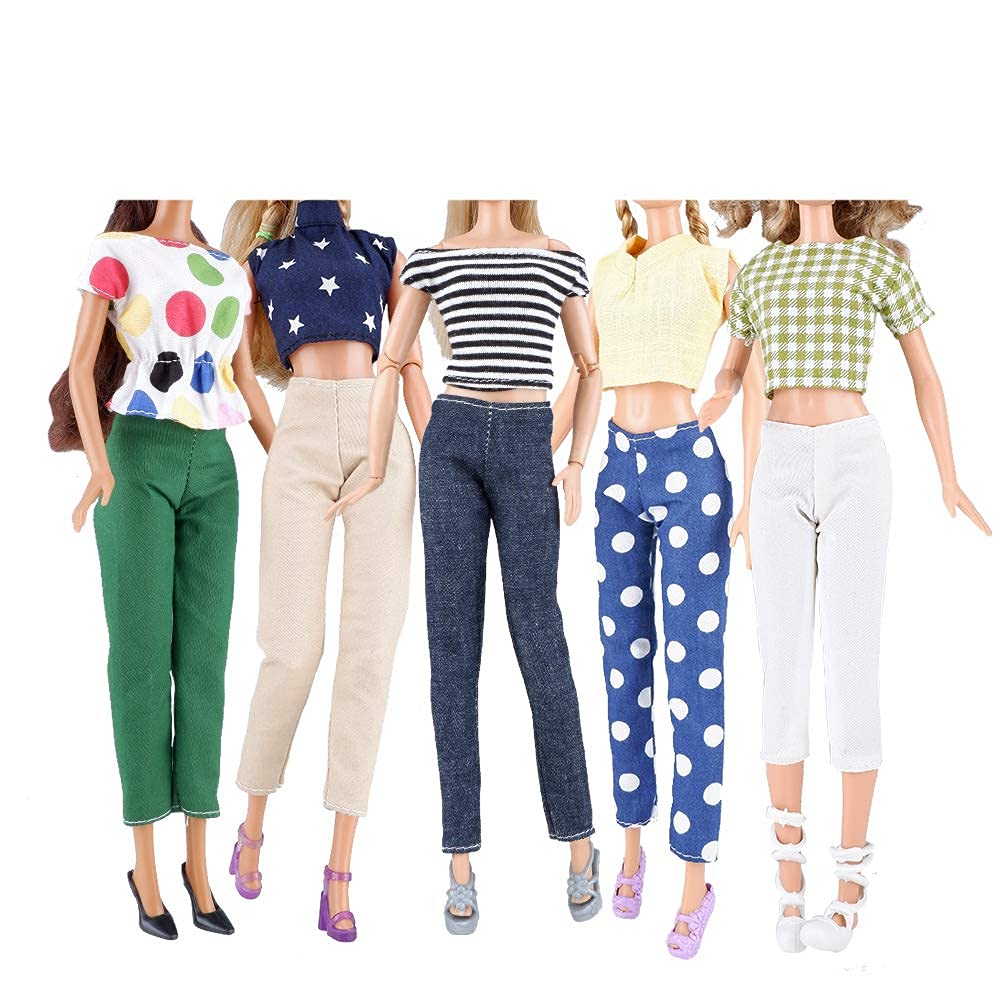 

E-TING Лот 10 предметов 5 комплектов одежды для куклы Повседневная одежда Наряд Топы+Брюки 5 пар обуви Аксессуары для куклы-девочки 11,5 дюймов (Стиль Б)