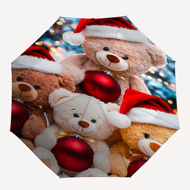 1pc Christmas Teddy Bears with Santa Hats, Festive Gift for Fans, Travelers, Everyday Use, Auto Open Close Umbrella with Foldable Design and 8-Iron Fr