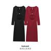 2024 Winter Women's European & American Style Slimming Low-Cut Round Neck Long Sleeve Dress