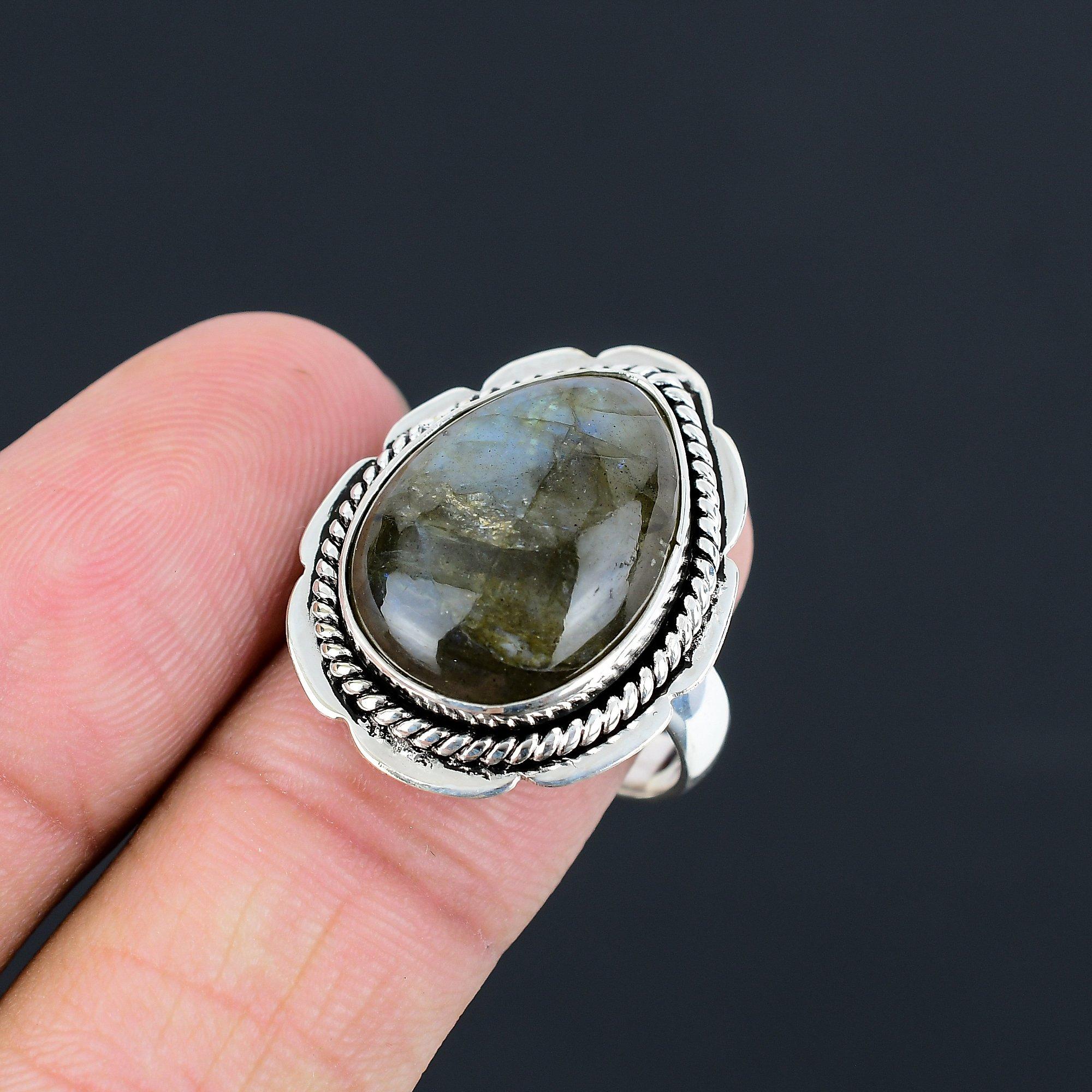 Friendship Day Sale 925 Silver Natural Labradorite Ethnic Solitaire Ring Jewelry 9