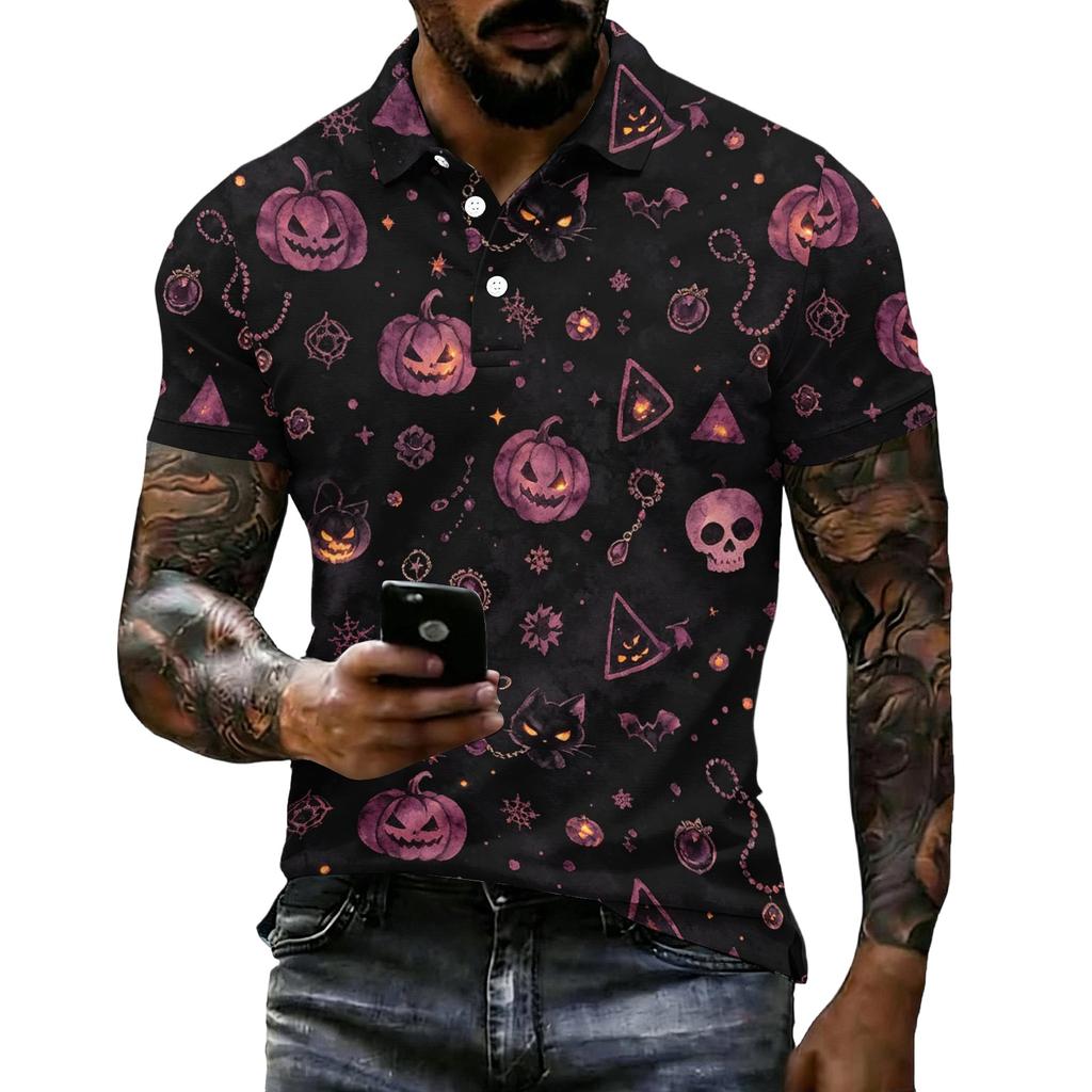 Men's Halloween Print Short Sleeve Polo Shirt Loose Fit Casual Summer Everyday Top with Button Placket and Classic Collar for Daily Wear