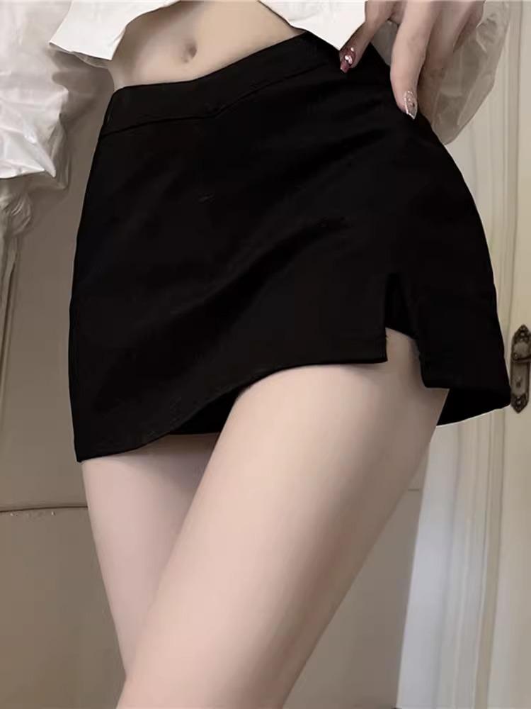

2024 Spring Petite Black V-Shaped Midi Skirt: Fashionable Slim A-line with Slit S