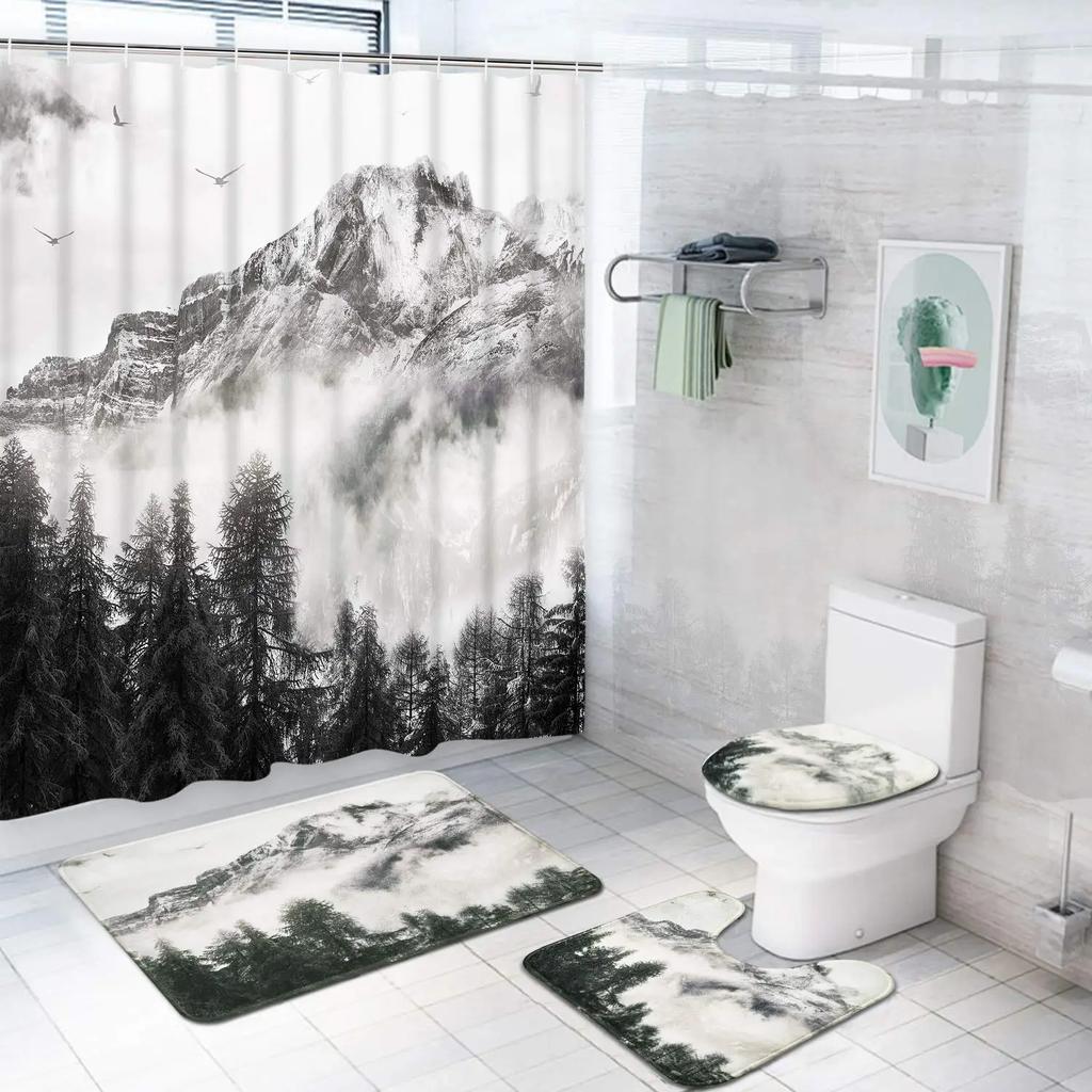Forest Shower Curtain Set Non-Slip Rug Toilet Lid Cover Bath Mat Maple Leaf Bathroom Curtain Waterproof Natural Scenery Curtains