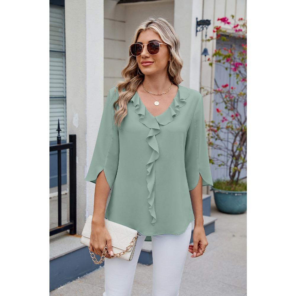 New, Hot-selling, Chiffon Shirt, Medium-sleeved V-neck Pleated Ruffle Edge Loose Women's Top