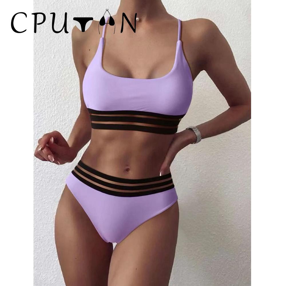 CPUTAN 2024 Push Up Bikini Set Two Piece High Waist Mesh Brazilian Biquini Swimwear Bathing Suit Solid Ladies Summer Beachwear S