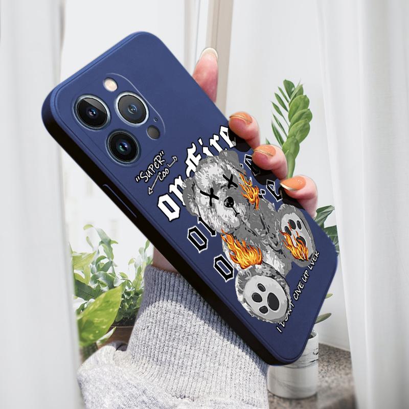 Fashion Cool Flame Bear Phone Case for iPhone 15 14 13 12 11 Samsung Galaxy A12 A52 S24 S23 Xiaomi POCO Redmi Soft Square Liquid Silicone Cover