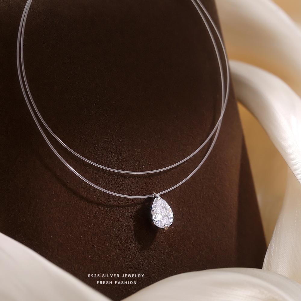 S925 Mermaid's Tears Necklace: Elegant Zircon Pendant on Invisible Fishing Line with Simple Luxury Clavicle Chain for Women