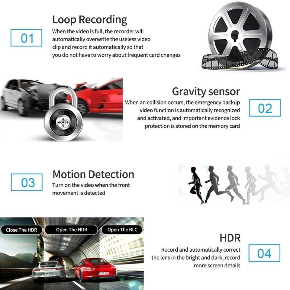 3 Lens Driving Recorder 4" Touch Screen 1080P Car DVR Dash Cam Video Recorder with G-sensor Motion Detection Parking Guard