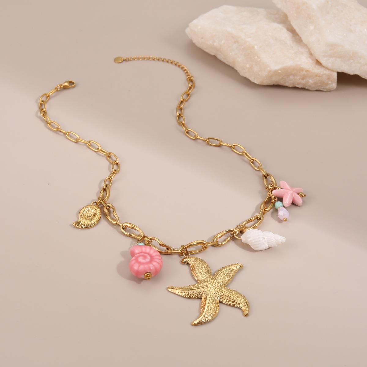 GEMCHIC Women s Ocean Starfish Seashell Necklace Gold Plated Stainless Steel Beach Vacation Choker Chain