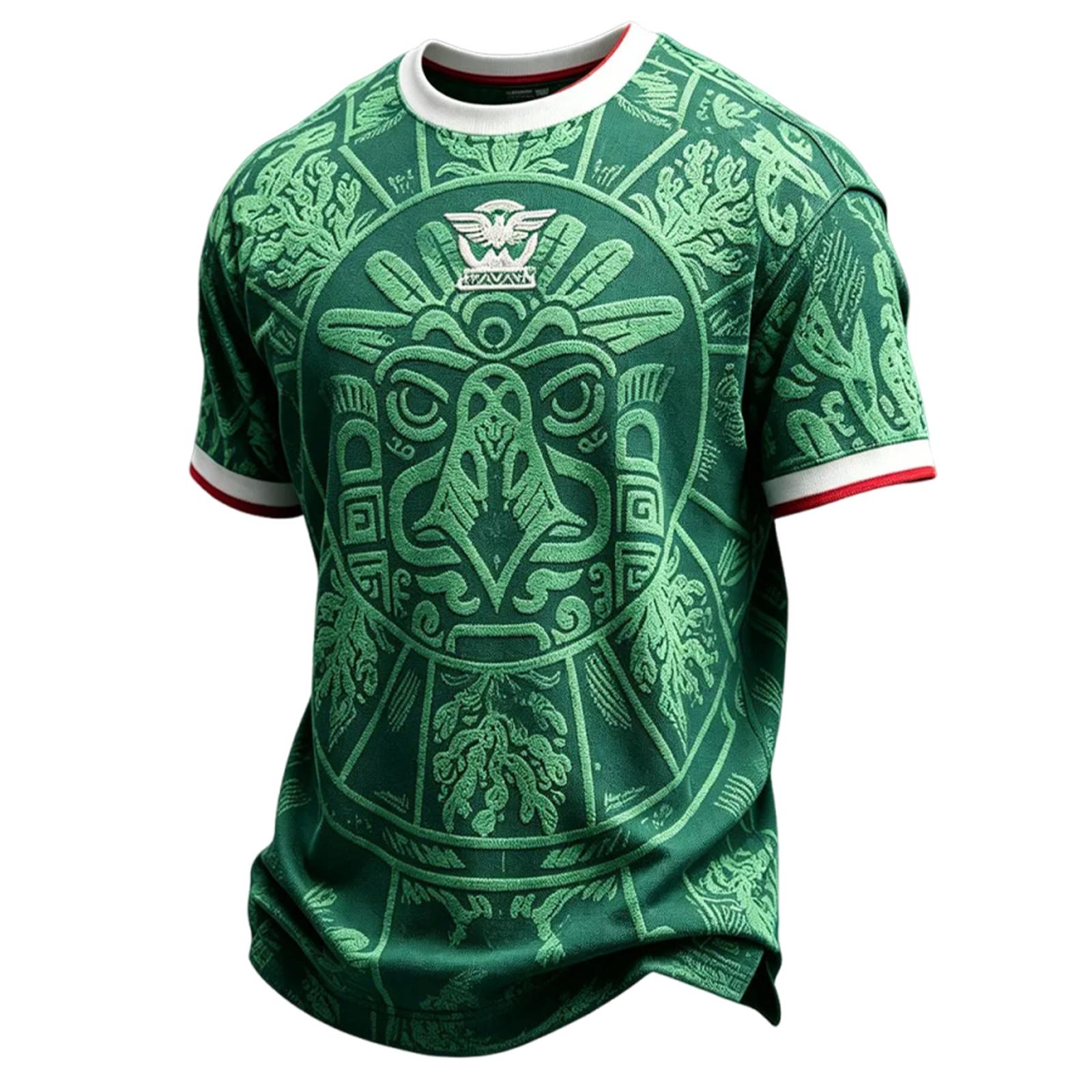 Men s Casual Sports Shirt with Aztec Inspired Graphic Print Short Sleeve Crew Neck Lightweight Top for Outdoor Activities and Daily Wear L