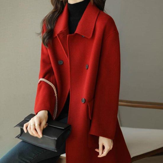 Women Overcoat Solid Color Lapel Collar Mid-Length with Buttons Loose-fitting Keep Warm Polyester Winter Warm Women Double-Breasted Overcoat for Lady
