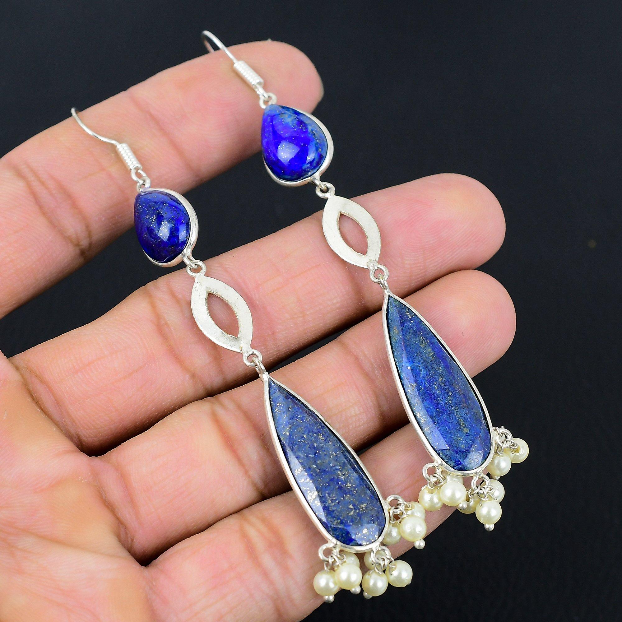 

Lapis Lazuli Gemstone 925 Silver Birthday Hook Dangle Wedding Earrings Jewelry