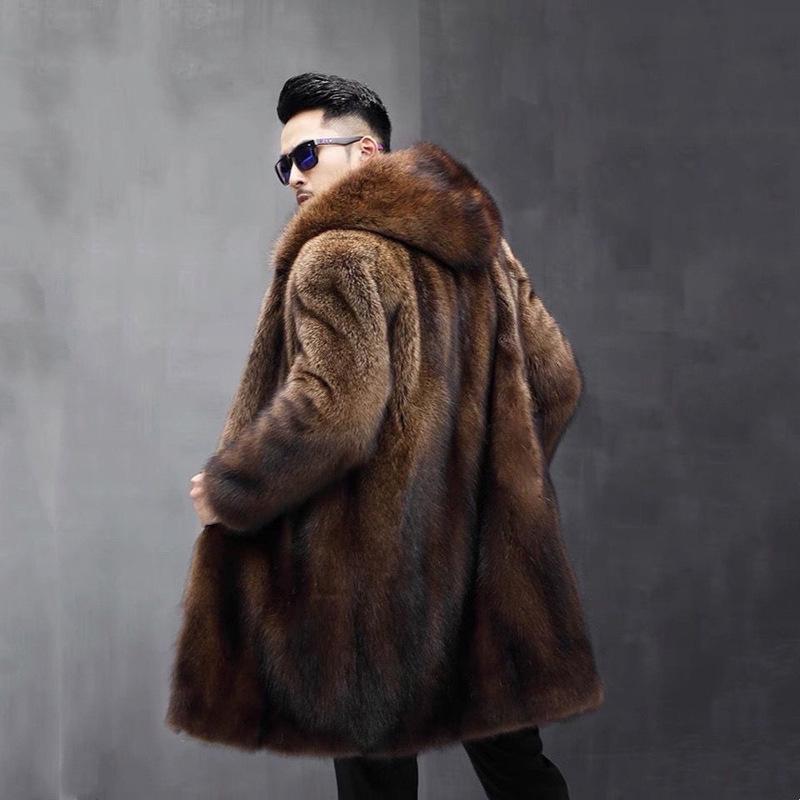 Cappotto di pelliccia invernale da uomo con cappuccio lungo in pelliccia di visone imitazione intera, cappotto caldo casual largo di grandi dimensioni