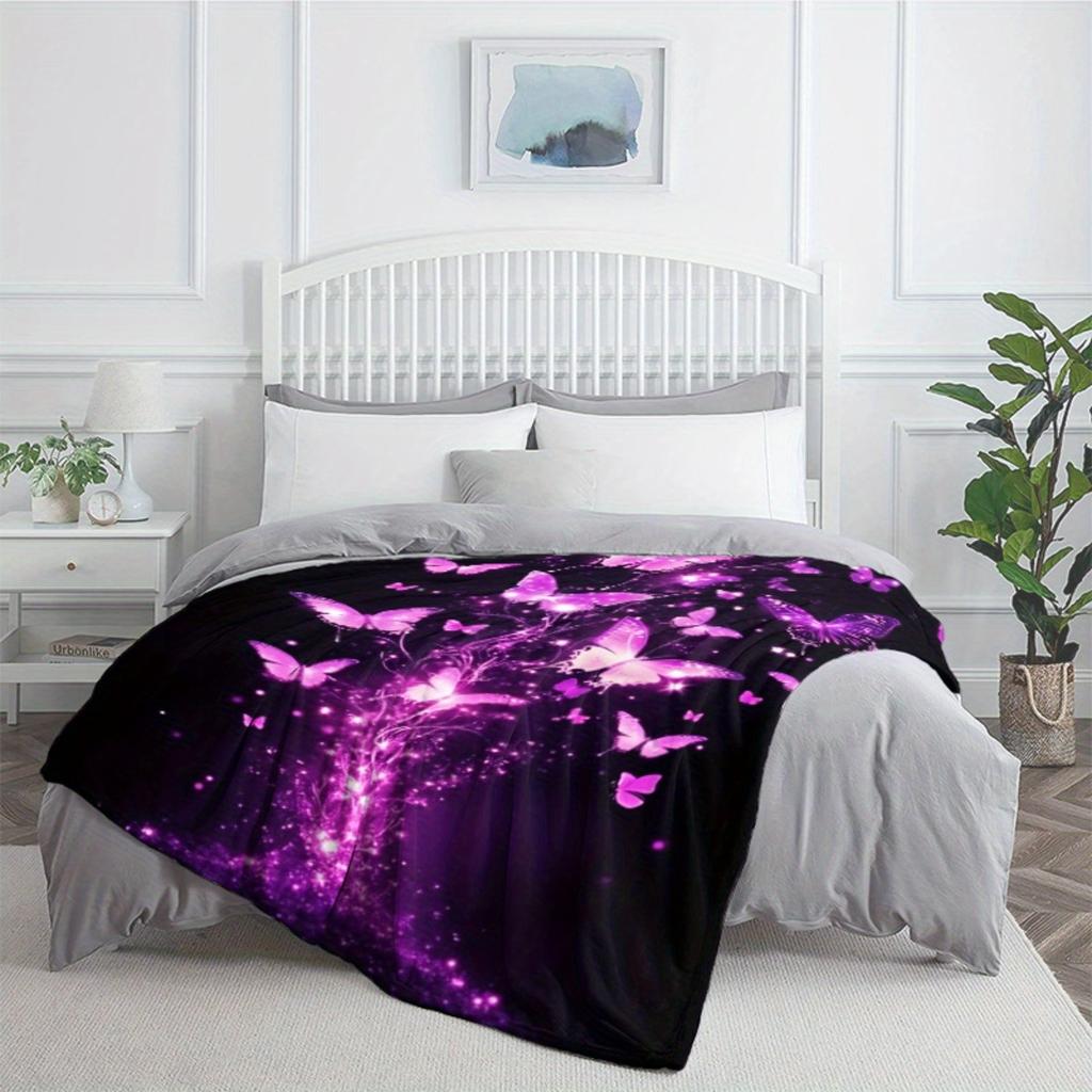 Purple Glowing Butterflies Magic Fantasy Flannel Blanket Soft Throw Blanket Mystical Design Bedroom Decor Gift for Her