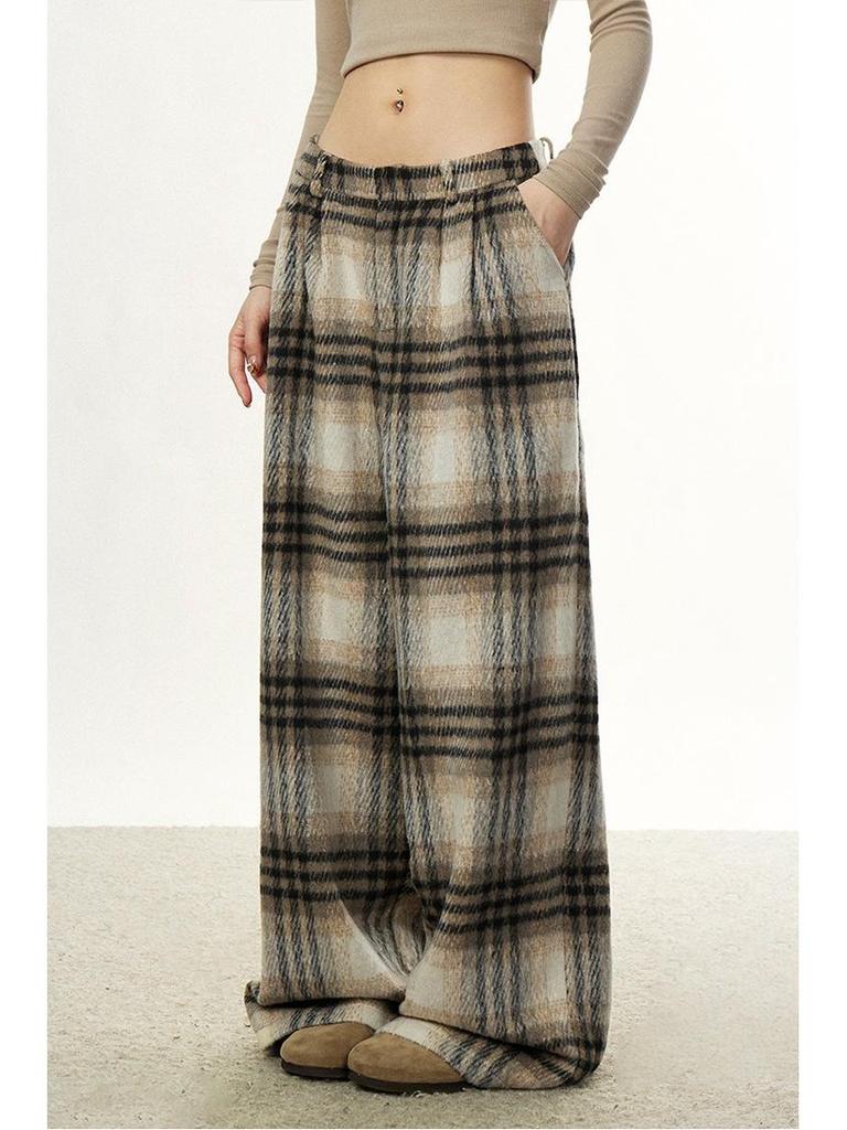 Women's Retro Plaid Wool Wide-Leg Pants - Loose, Versatile Design for Autumn/Winter