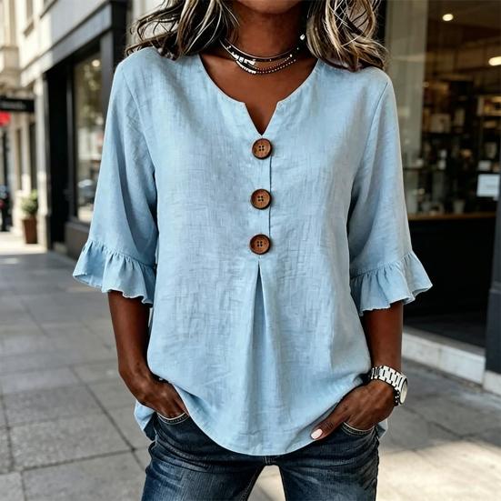 Women Shirt Stand-Up Collar V-Neck Buttons Decor Half Sleeve Ruffle Cuffs Pullover Tops Pure Color Loose Fit Summer Tops