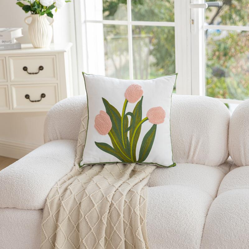 Spring Embroidered Flower Green Throw Pillowcase Cojines Pastoral Decoration Sofa Square Cushion Cover Headboard Pillow Covers 45x45cm