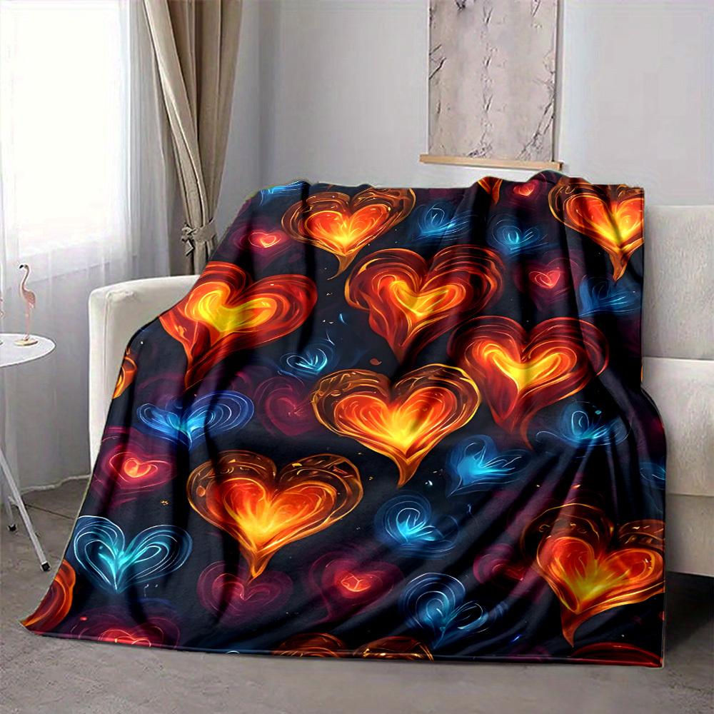 1pc Heart Flames Print Blanket   Lightweight Flannel Throw Blanket For Sofa, Bed, Living Room, Office, Outdoor Travel, Camping