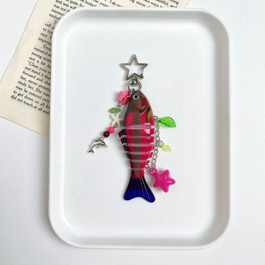 Cute Fish Resin Keychain Charm Colorful Enamel Fish Pendant with Star Beads for Bag Backpack Keyring Handmade Craft Gift
