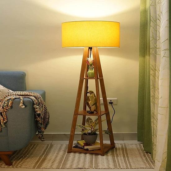 Lampada Da Terra In Legno 3 Paralumi Verde Lino - Piantana Vintage Industriale 179cm Per Soggiorno, Regolabile