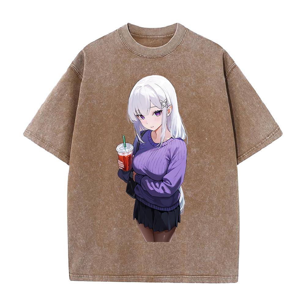 Anime Re ZERO Starting Life In Another World Emilia Clothing Men Women Tshirts Washed Cotton Tee Retro T-shirt Harajuku T Shirt
