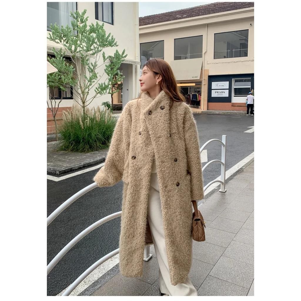 VAYLA New Women Warm Furry Coat Thick Big Collar Fake Lambswool Long Coat Beige Tops For Women Casaco Feminino
